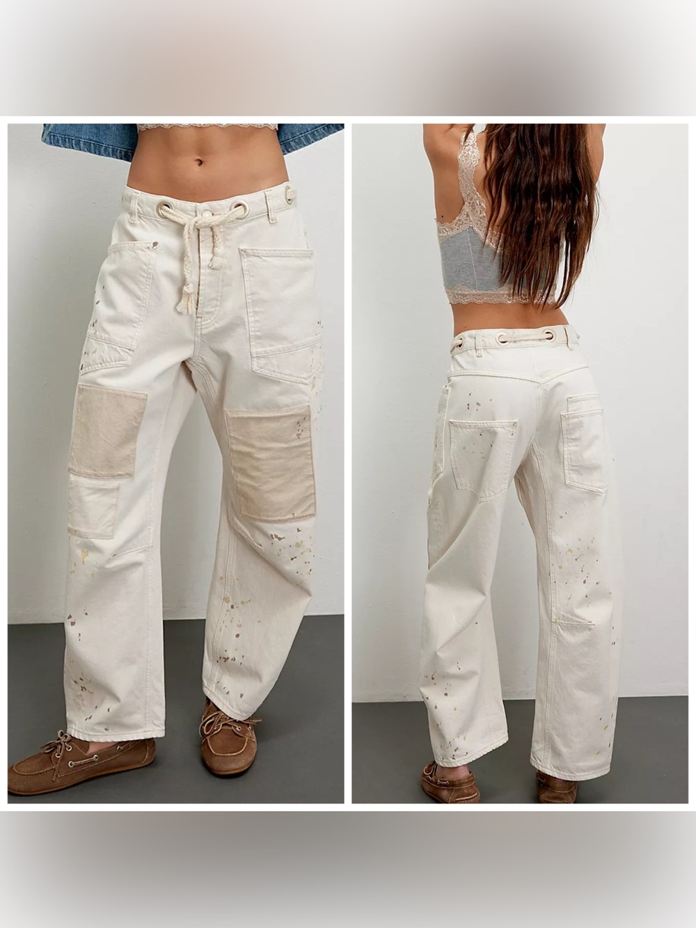 Free People Moxie Low Slung Barrel Jeans Ivory White Blanc Paint Splatter Sz 27